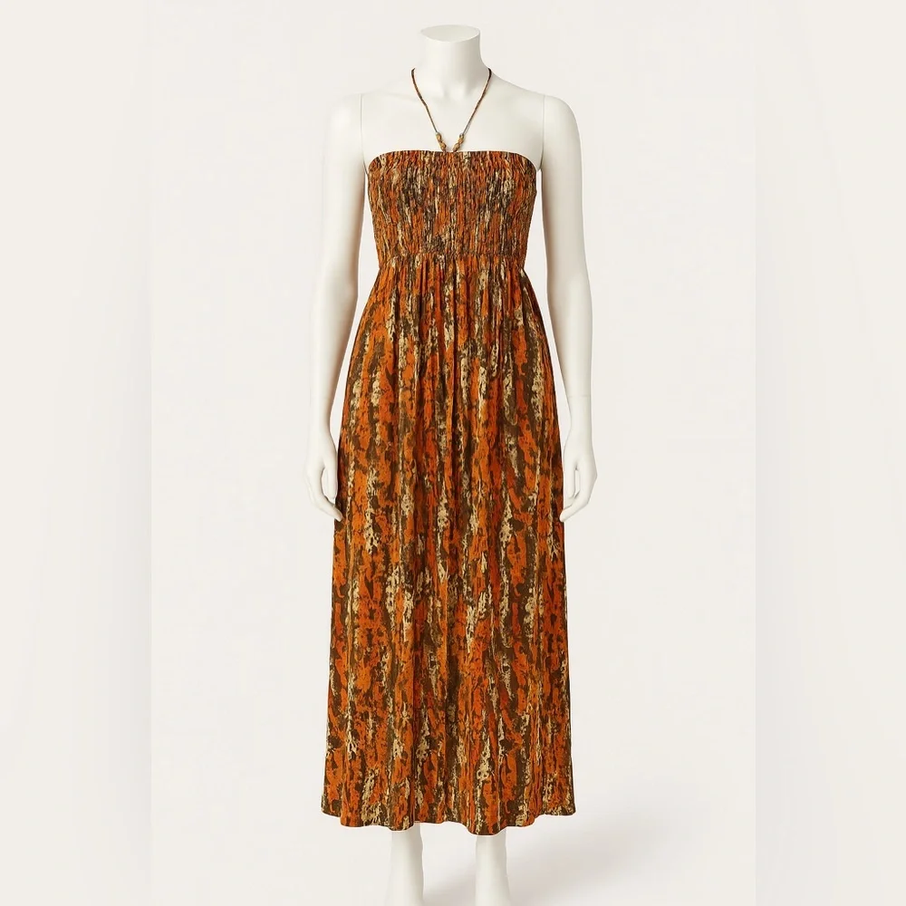 Caren Sport Smocked Maxi Dress w/ Beaded Halter Strap – Orange Brown Print Sz 1x - Picture 1 of 7